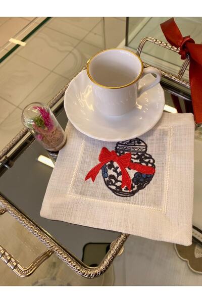 cantasarım ev tekstili Kurdele Vazo Nakışlı Keten Kokteyl Peçete 15x15 cm