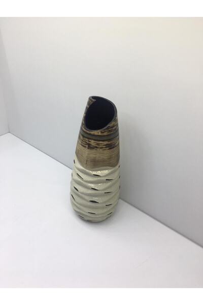 Otantik Dekoratif Porselen Obje Kahve Krem Vazo 33x12 Cm