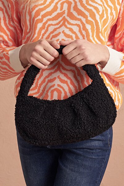 Top All BAG Siyah Kadın Suni Kürklü Dokuma Baget El Ve Omuz Baget Çanta