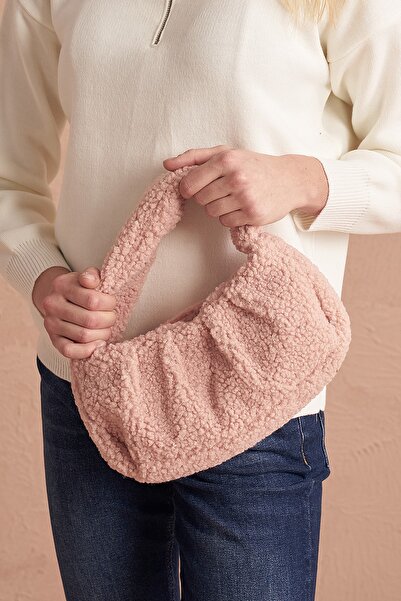 Top All BAG Pembe Kadın Suni Kürklü Dokuma Baget El Ve Omuz Baget Çanta