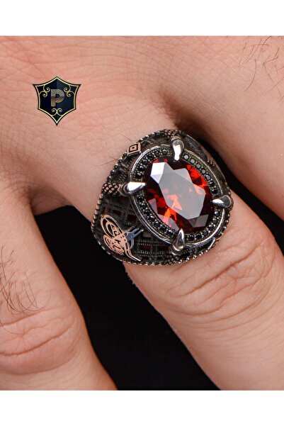 Prestige Gümüş Erkek Yüzük Kırmızı Zirkon Taşlı Osmanlı Tuğralı