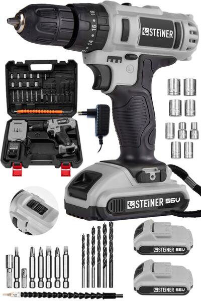 STEİNER Germany Technology Darbeli 56 V 5 Ah Bakır Sargılı Çift Akülü Şarjlı Vidalama Matkap Gri Set