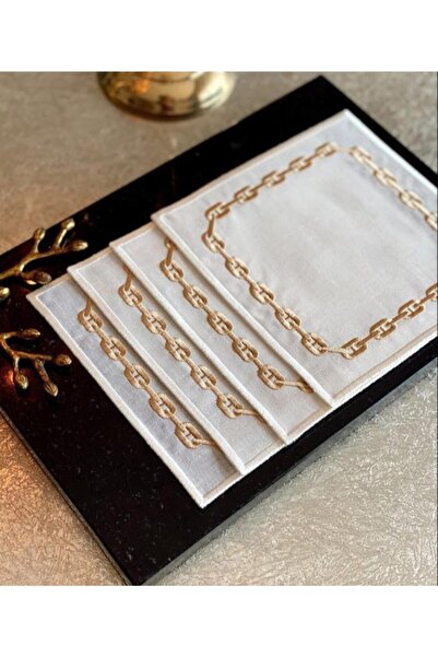 cantasarım ev tekstili 4'lu Gold Zincir Nakışlı Keten Kokteyl Peçete&sunumluk