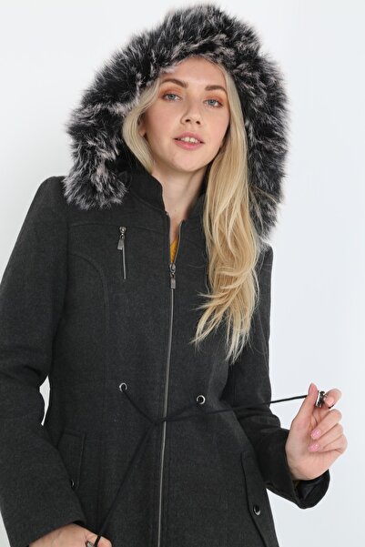 KMKkombin Palton de cașmir pentru femei, cu glugă, cu fermoar, cu blană deasupra genunchiului