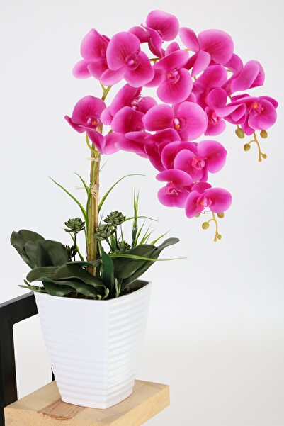 Yapay Çiçek Deposu Melamin Beyaz Saksıda 2 Dal Orkide Aranjmanı 65 cm Fuşya Beyaz