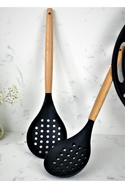 Senin Dükkanın 7 Piece Bamboo Handle Silicone Ladle Spatula Kitchen Set Black