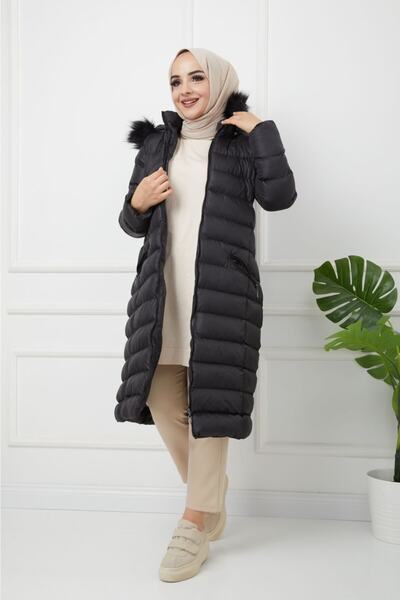 KMKkombin Γυναικείο Μακρύ Γεμισμένο Μαύρο Πουφερ Μπουφάν