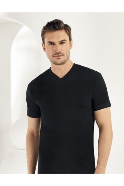 Şahinler V-Neck Half Sleeve Combed Cotton Men's Undershirt Cotton Black