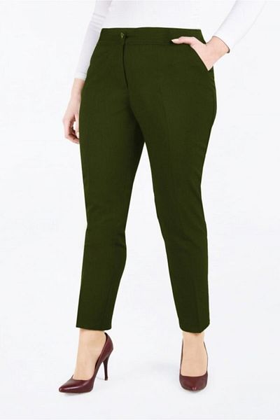 Modakenti Women's Large Size Classic Pocket Fabric Trousers Khaki