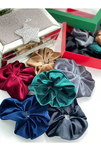 QUEEN AKSESUAR Christmas Boxed Luxury Velvet Bagel Ring Rubber Buckle Set Burgundy Green Silver Gray