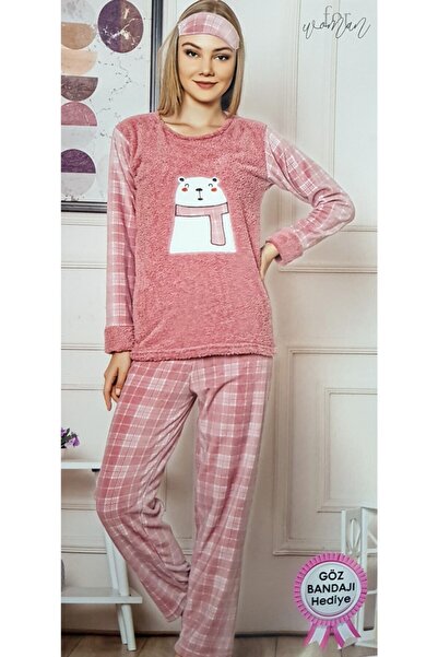 Uğur Tekstil Kadın Pudra Renk Ayıcık Temalı Altı Ekose Desen Welsoft-polar Pi...