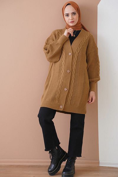 Bigdart 15768 Hellbrauner Strickpullover mit geknöpftem Strickmuster