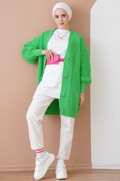 Bigdart سترة تريكو خضراء - نسائية بنمط محبوك وأزرار