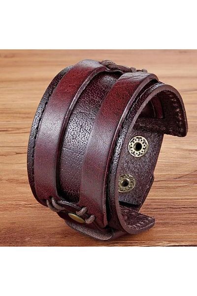 Gogoey Men's Bracelet Genuine Leather Steel Brown Knitted Simple Modern Stylish Design