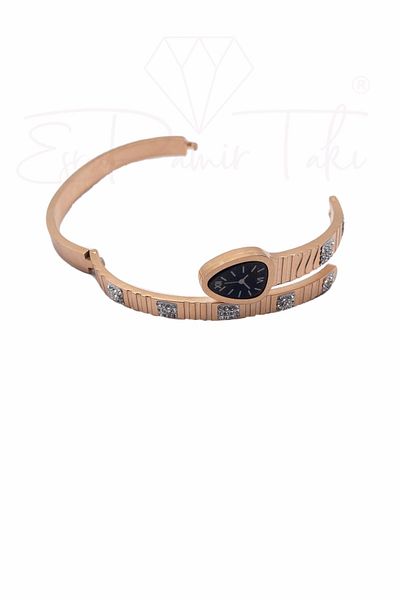 Esra Pamir Zircon Stone Rose Color Steel Shackle Watch Look Bracelet