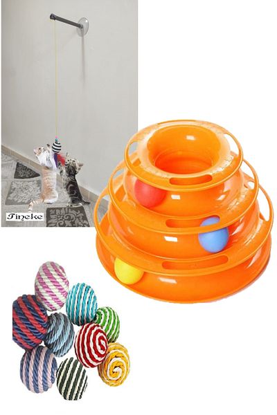 TİNEKE Set of 3 Cat Toy 1 Piece 3 Layers 1 Piece Suction Cup Cat Playing Rod 1 Piece Rope Rolling Ball