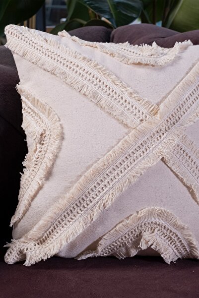 vivamaison Tekli Özel Tasarım Krem Çoklu Püsküllü Keten Kırlent Yastık Kılıfı 43x43 Cm