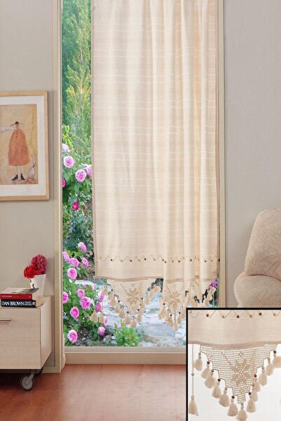 ÖDEL HOME Ajurlu Elişi Dantelli Boncuk Aralı Perde