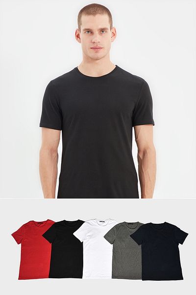 Trendyol Collection Vícebarevné tričko Slim/Slim Fit 5 Pack Basic 100% bavlna z pevné látky TMNAW20TS0243