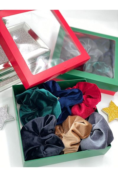 QUEEN AKSESUAR Christmas Boxed Luxury Velvet Bagel Ring Rubber Buckle Set Burgundy Green Silver Gray