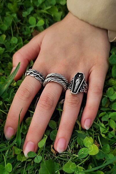 The Collection Unisex Gümüş Kaplama Ayarlanabilir Yüzük Set