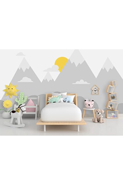 adalidekor Güneş Ve Dağ Gri Çocuk Odası Duvar Kağıdı