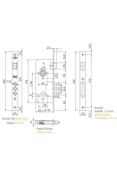 Kale Kilit Kale 2000 Cylinder Barrel 3 Shaft Steel Door Lock