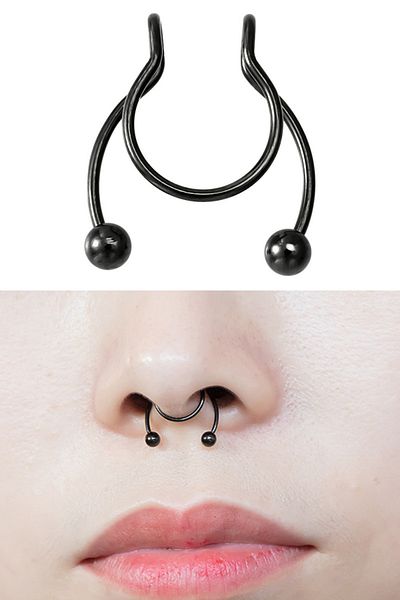 axexuar Black Color Snap-On Snap-On Compression Surgical Steel Non-Perforated Septum Fake Piercing to Nose