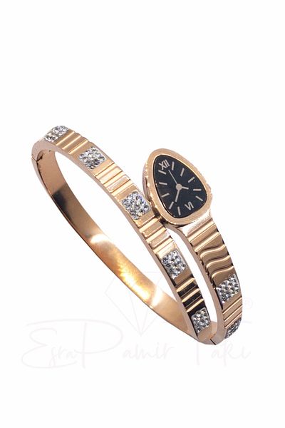 Esra Pamir Zircon Stone Rose Color Steel Shackle Watch Look Bracelet
