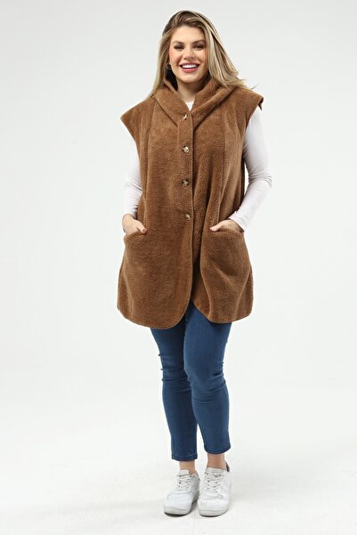 SENTEX Welsoft Дамска жилетка с копчета и джобове в цвят камел