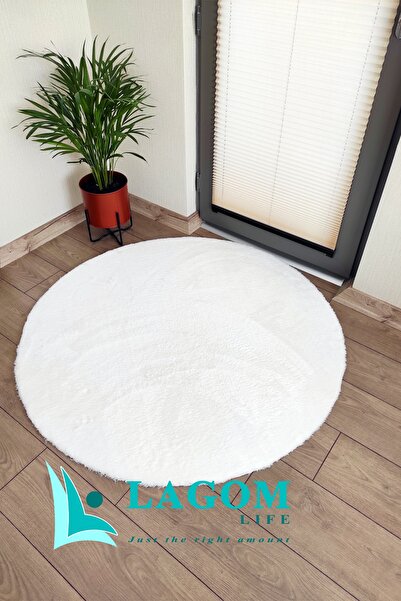 Lagom Life Peluş Halı Post Halı Yuvarlak Kaymaz Jel Taban Beyaz