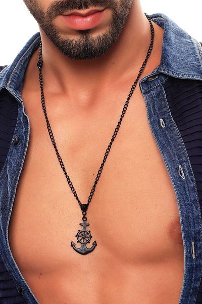 LABALABA Men's Black Oxide Finish Ship Hood&Anchor Icon Necklace