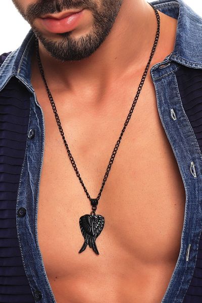 LABALABA Men's Black Oxide Plated Angel Wing Symbol Pendant Necklace