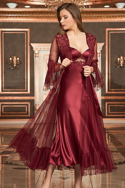 Barina Women's Burgundy 6 Piece Lace Detailed Satin Nightgown Dowry Set