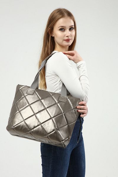Güce Silver Quilted Diamond Patterned Large Size Hand and Shoulder Bag Gc 012415