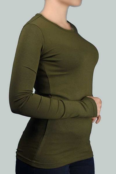 Altobeh Long Sleeve Crew Neck Lycra Combed Cotton Women's Body - Khaki
