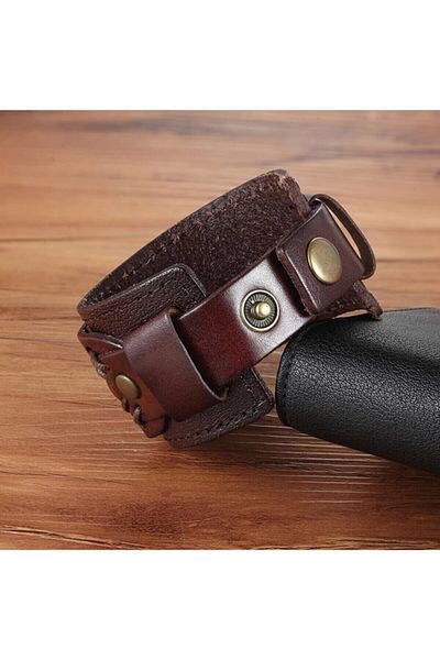 Gogoey Men's Bracelet Genuine Leather Steel Brown Knitted Simple Modern Stylish Design