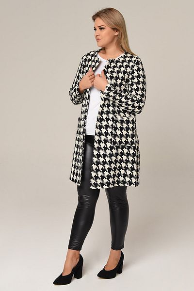 DISENTIS MODEST Στρογγυλή λαιμόκοψη Houndstooth υφαντό ασπρόμαυρο μπουφάν με μπροστινές τσέπες
