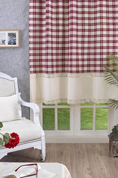 ÖDEL HOME Buldan Kumaşı Uç Dantelli Ekose Desenli Perde