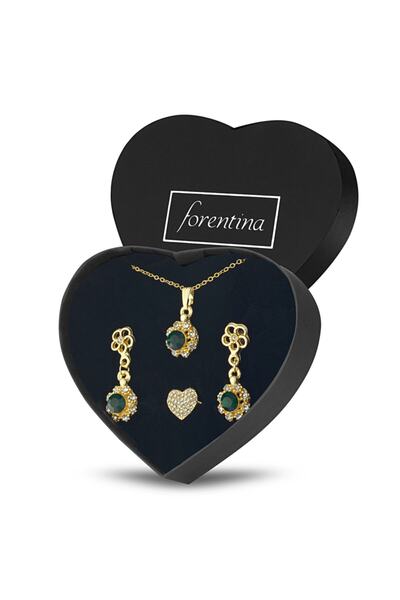 Forentina Altın Kaplama Yeşil Taşlı Tektaş Kolye Küpe Yüzük Takı Seti - Ps2221