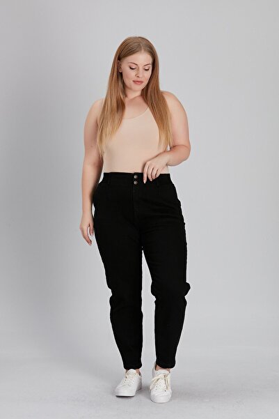 RMG Beli Lastikli Çift Düğme Büyük Beden Siyah Kot Pantolon (mom Jean)