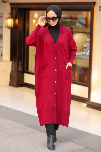 Neva Style - كارديجان تريكو حجاب أحمر كلاريت بأزرار 33650br