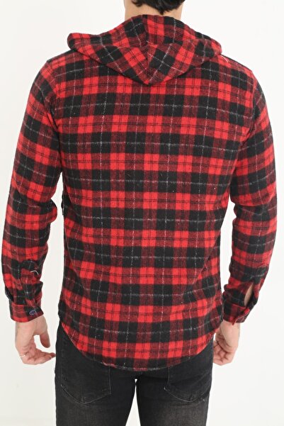 3MODA Erkek Kırmızı Fermuarlı Kapüşonlu Oduncu Gömlek