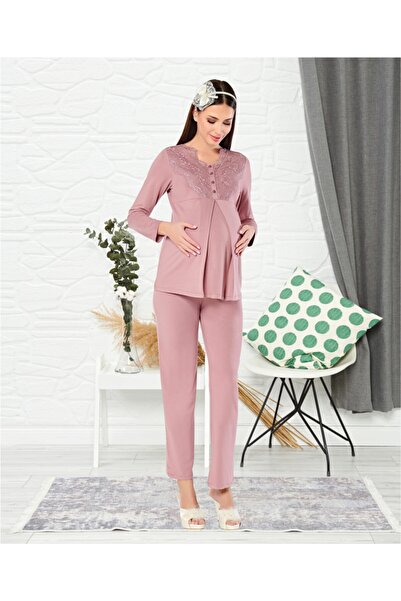 Fantasy 1115 Irene Dried Rose Color Winter Long Sleeve Maternity Pajamas Set with Dressing Gown