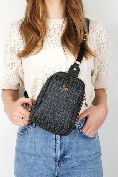 By Hakan Nas Bag-1076 Written Pattern Geantă de corp pentru femei Rucsac negru