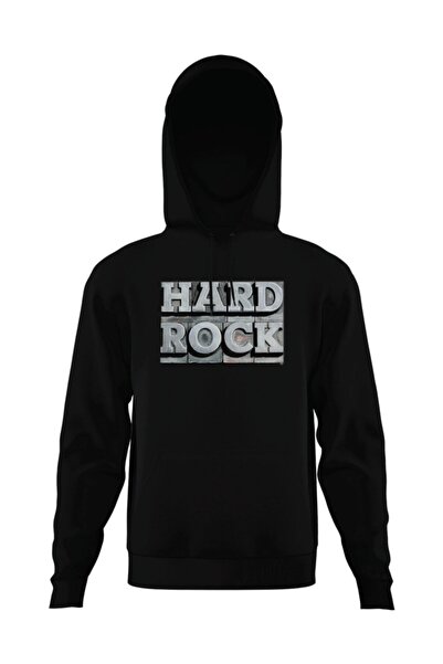 Hard Rock Baskılı Kapşonlu Cepli Uzunkollu Siyah Sweatshirt