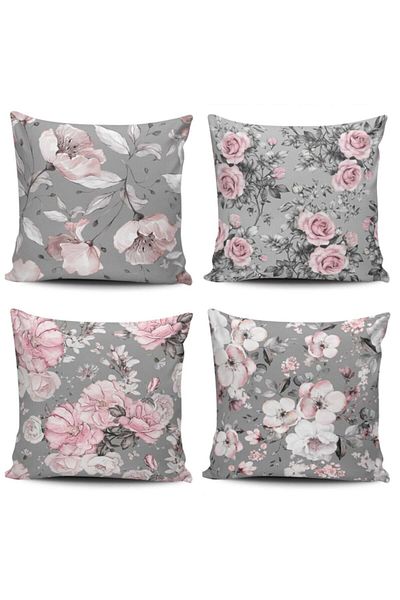 Alkan Homes Gray Background Rose Pattern Decorative 4-Piece Combination Throw Pillow Cover