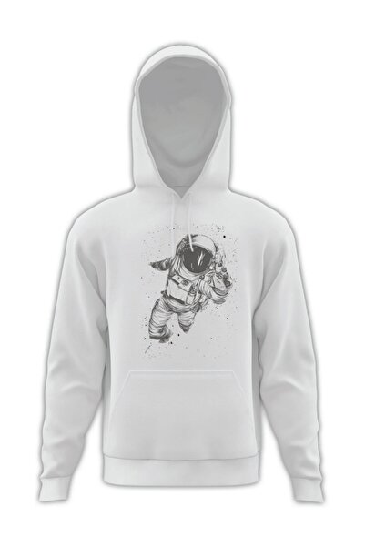 Astronot Baskılı Kapşonlu Cepli Uzunkollu Beyaz Sweatshirt