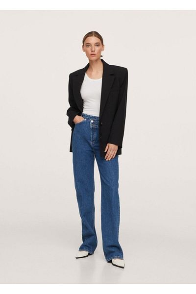 MANGO Woman Pantaloni de damă, albastru plictisitor, cu tăietură dreaptă, cu talie înaltă