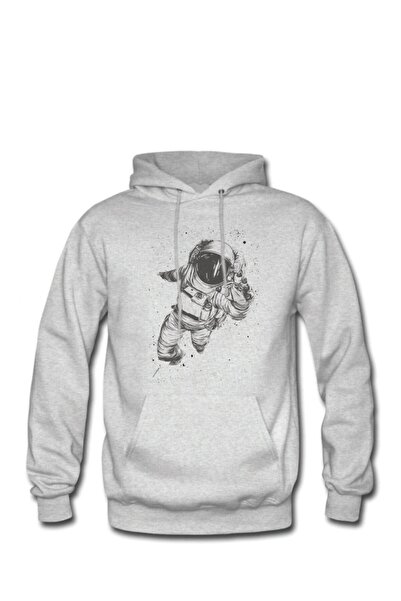 Astronot Baskılı Kapşonlu Cepli Uzunkollu Gri Melange Sweatshirt